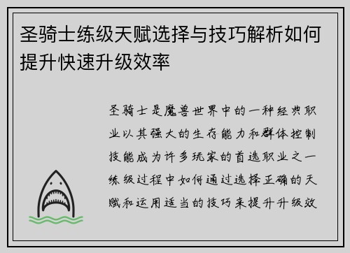 圣骑士练级天赋选择与技巧解析如何提升快速升级效率 圣骑士练级天赋选择与技巧解析如何提升快速升级效率